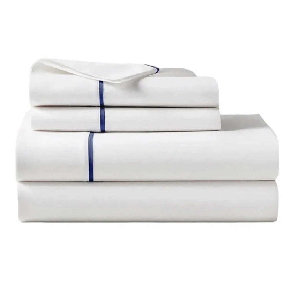 NEW Ralph Lauren Twin Flat Sheet Palmer Percale Sky Blue Border Organic Cotton